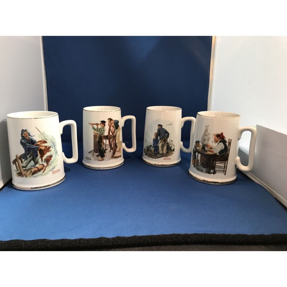 1985 Norman Rockwell Nautical Themed Coffee Cups Mugs Gold Trim Vintage Lot of 4